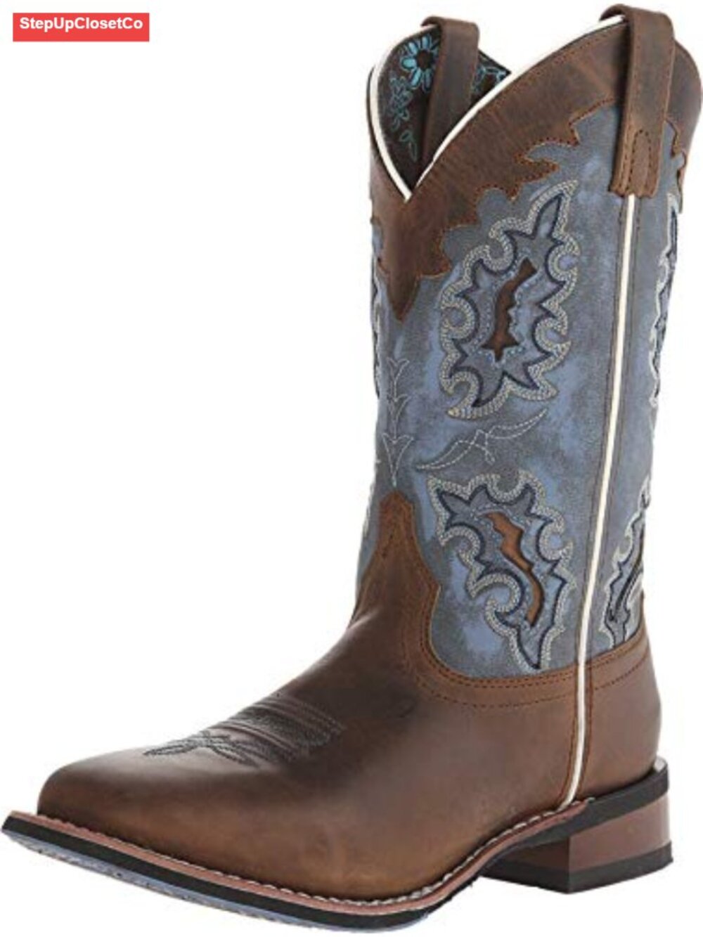 Full Grain Leather Square Toe Embroidered Pull On Mid Calf Boots